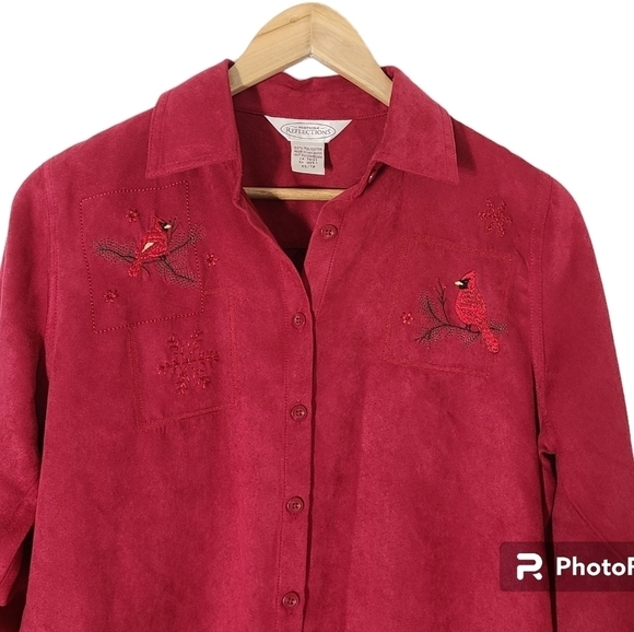 Northern Reflections Red Embroided Suede Button Down Shirt Shacket Size XS - Picture 9 of 16